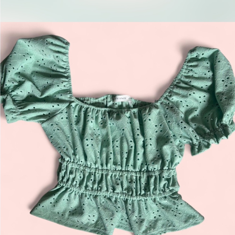 Altar'd State Green Puff Sleeve Peplum Blouse